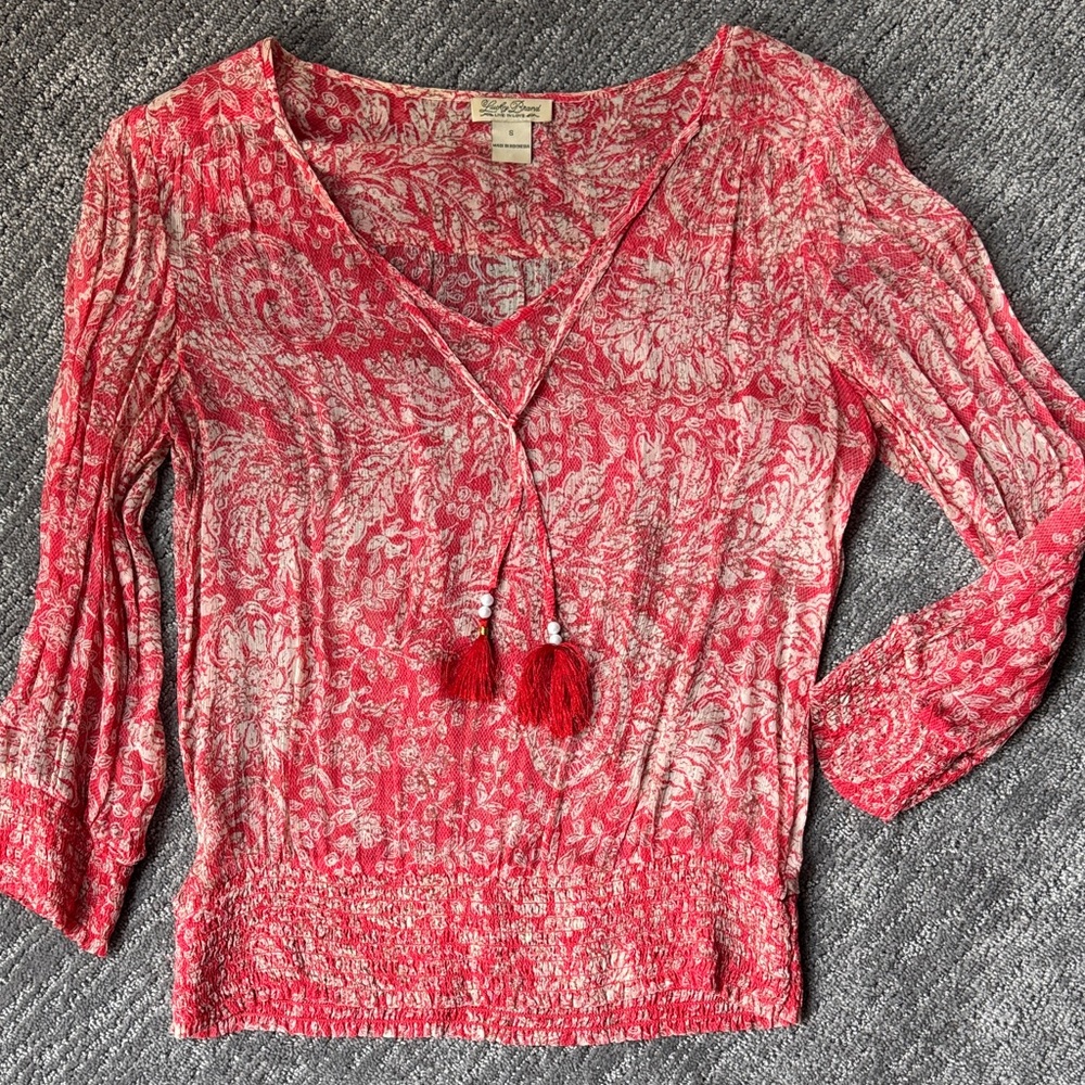 Lucky Brand Coral and White Paisley V-Neck Blouse, like-new